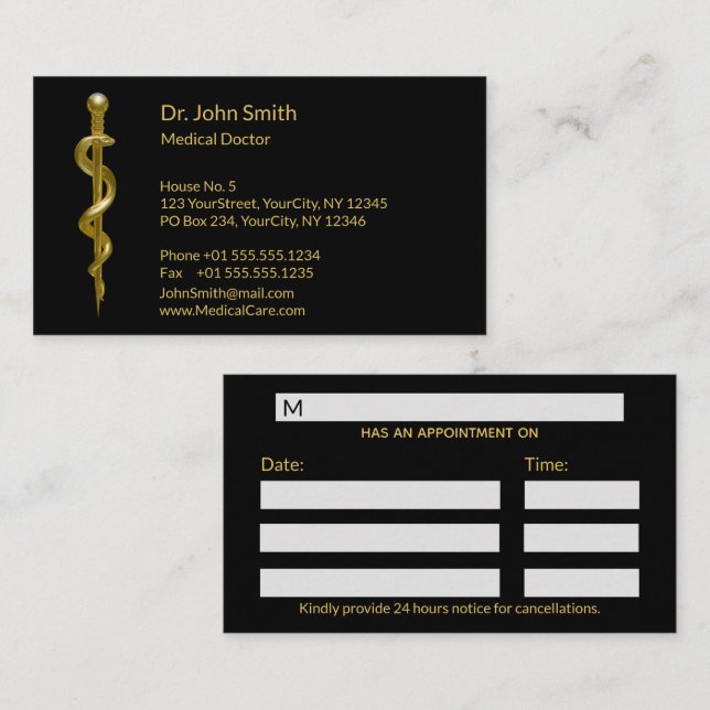 Tarjeta De Citas Oro médico sobre la marea negra de Asclepius (Anverso / Reverso)