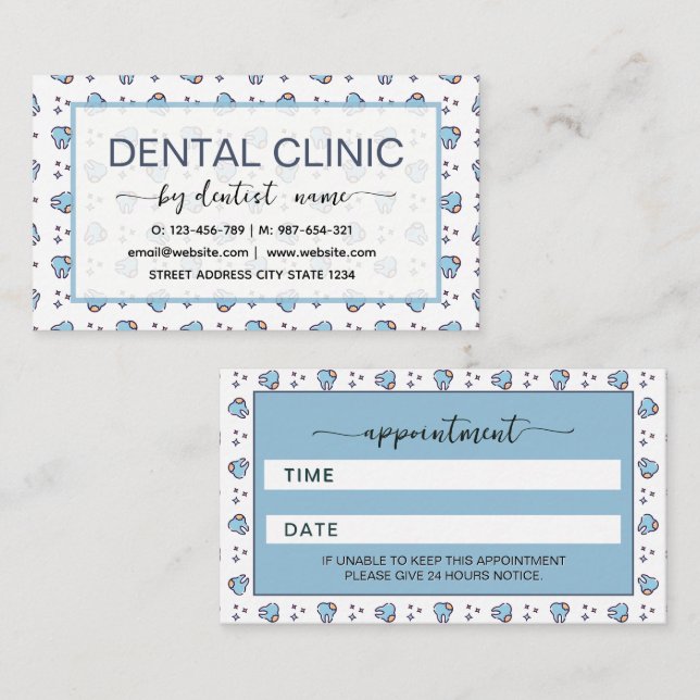 Tarjeta De Citas Patrón de dientes azul Dentista  (Anverso / Reverso)