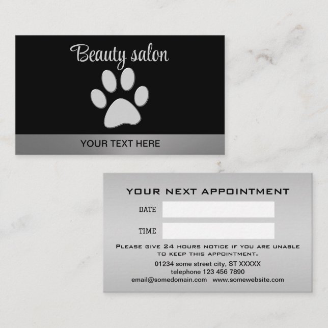 Tarjeta De Citas Paw de perro plateado sobre fondo negro (Anverso / Reverso)