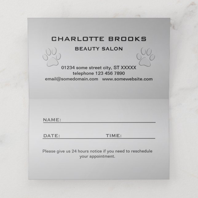 Tarjeta De Citas Paw de perro plateado sobre fondo negro (Interior desplegado)