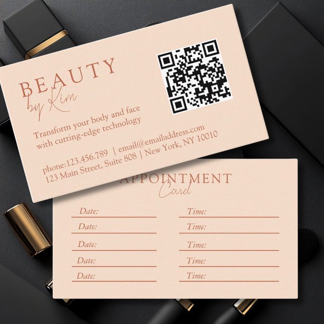 Tarjeta De Citas Peach, Minimal, Elegante, Salon, Código QR (Peach, Minimal, Elegant, Salon, QR-Code Appointment Card)