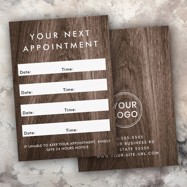 Tarjeta De Citas Personalizado de grano de madera marrón de clase v (Classy brown wood grain custom logo vertical appointment card)