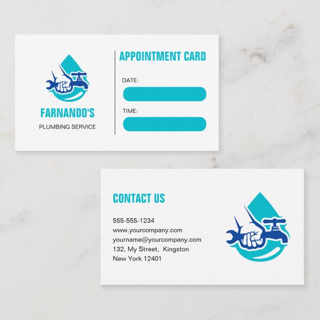 Tarjeta De Citas Plumbing Service Water Drop Logo Plumber Business (Anverso / Reverso)