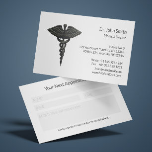 Tarjeta De Citas Profesional Caduceo Simple Negro Médico Blanco