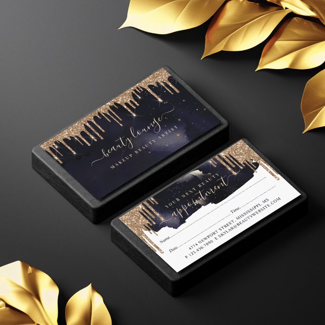 Tarjeta De Citas Purpurina Glam Navy y Gold Drin Elegante Belleza (Glam Navy & Gold Glitter Drips Elegant Beauty Appointment Card)