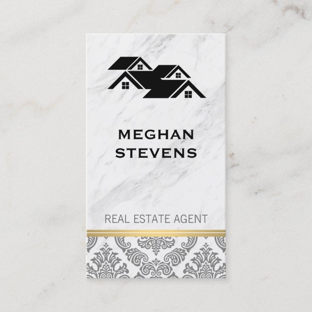 Tarjeta De Citas Real Estate Agente Rooftop Marble Damask Gold Trim (Anverso)
