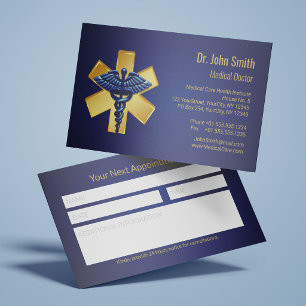 Tarjeta De Citas Recordatorio Cruz Dorada Caduceo Médico 3D Azul