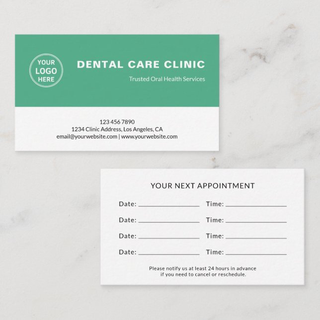 Tarjeta De Citas Recordatorio verde profesional de odontología dent (Anverso / Reverso)