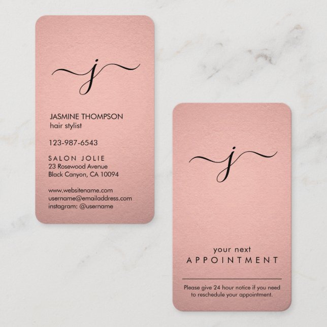 Tarjeta De Citas Relieve metalizado dorado de Rosa simple monograma (Anverso / Reverso)