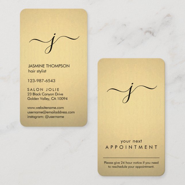 Tarjeta De Citas Relieve metalizado dorado simple monogramado negro (Anverso / Reverso)
