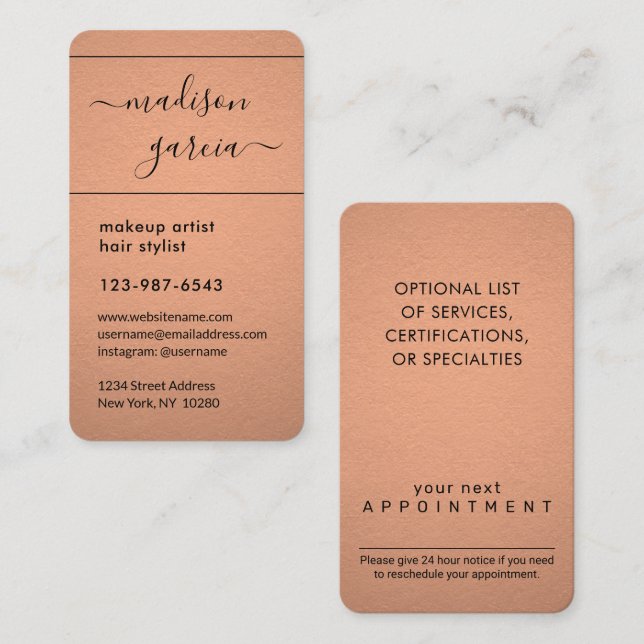Tarjeta De Citas Relieve metalizado sencillo de escritura de cobre  (Anverso / Reverso)