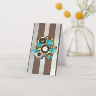 Tarjeta De Citas Reloj Steampunk y Rosas turquesas a rayas