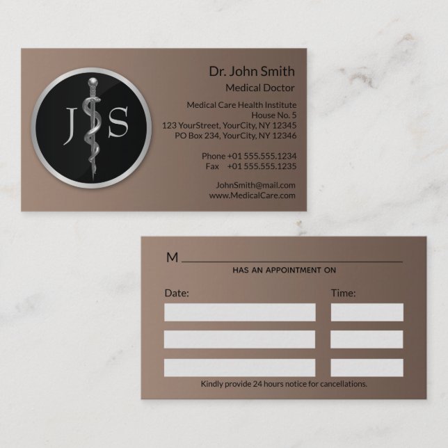 Tarjeta De Citas Rod de Asclepius Medical Classy Noble Plata (Anverso / Reverso)
