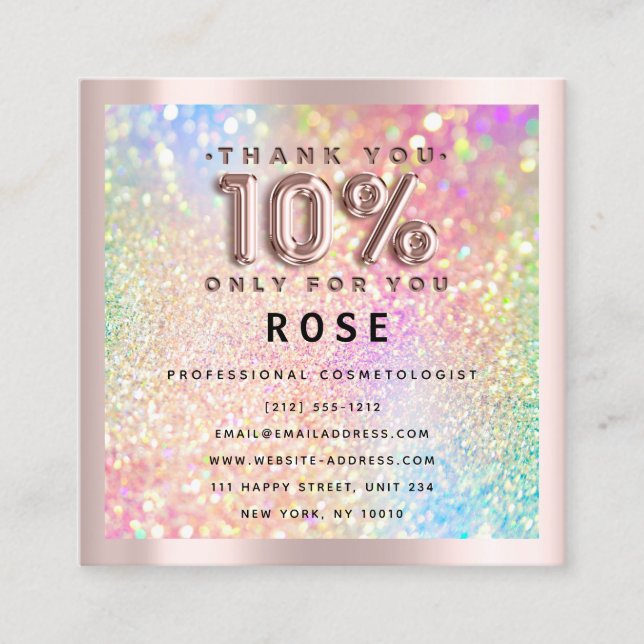 Tarjeta De Citas Rosa 10% de descuento Logotipo Holograma Purpurina (Anverso)