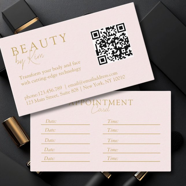 Tarjeta De Citas Rosa-Beige-Oro, Mínimo, Elegante, Salón, Código QR (Pink-Beige-Gold, Minimal, Elegant, Salon, QR-Code Appointment Card)