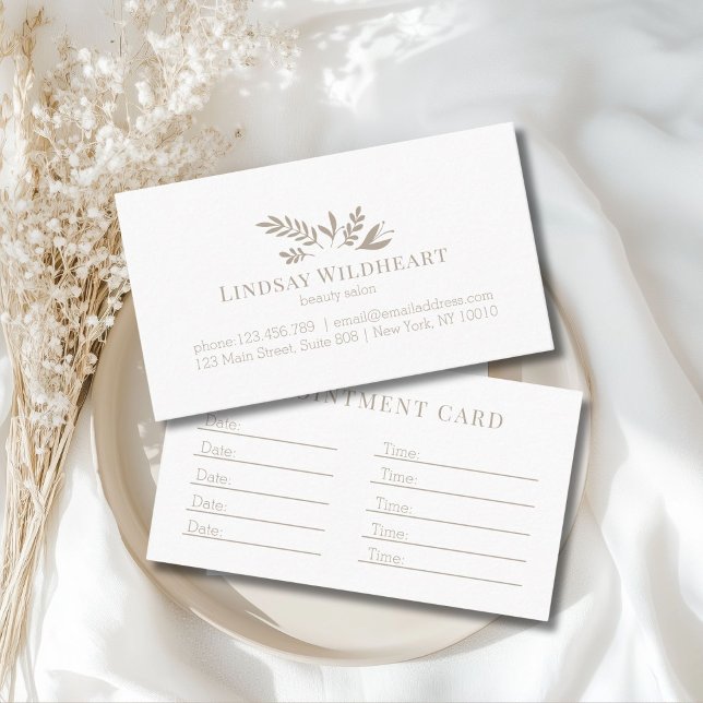 Tarjeta De Citas Salón Botánico Blanco Minimalista (Custom Minimal White Botanical Salon Appointment Card)