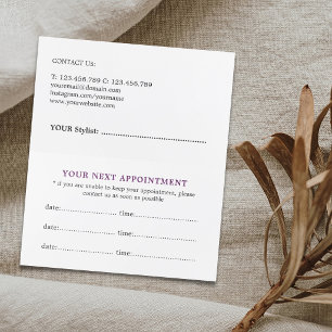 Tarjeta De Citas Salón de Belleza Simple y Elegante Morado Blanco