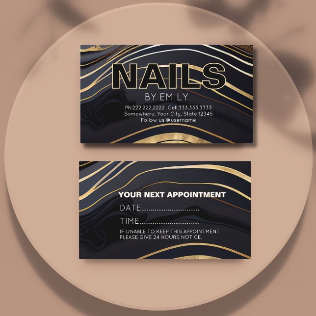 Tarjeta De Citas Salón de uñas Agate negro y dorado Manicurista (Subido por el creador)