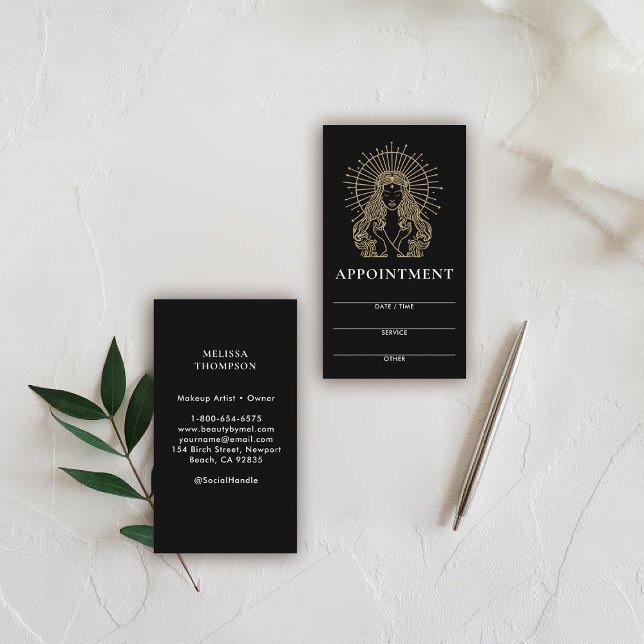 Tarjeta De Citas Salon Makeup Hair Nails Mystic Tarot Gold Black (hair salon appointment card mystical tarot celestial beauty makeup nails lashes stylist beauty)