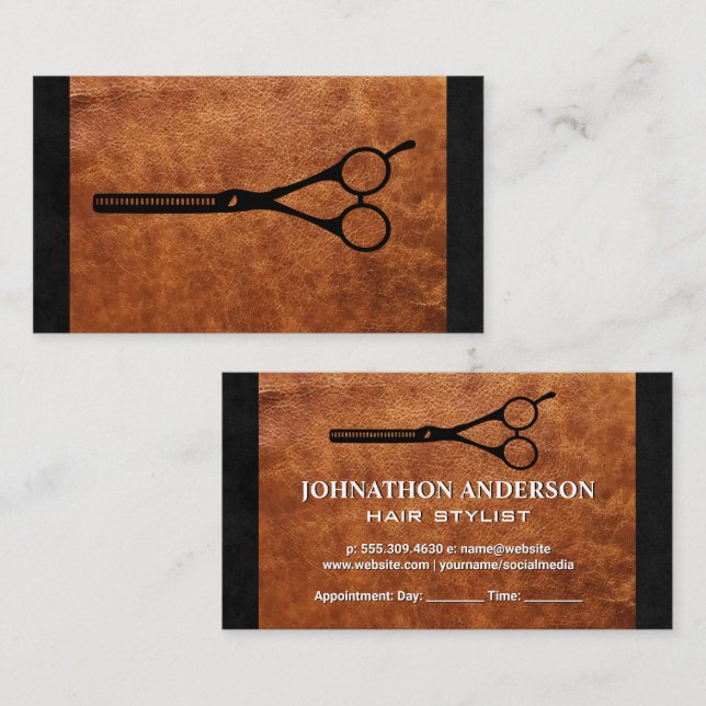 Tarjeta De Citas Salon Scissors | Textura de cuero marrón (Anverso / Reverso)