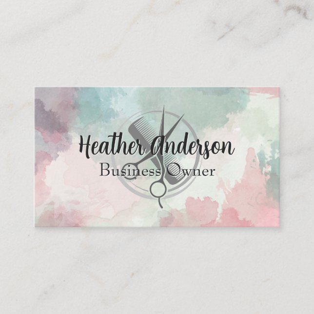 Tarjeta De Citas Scissors Comb Logo | Watercolor Background (Anverso)