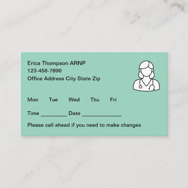 Tarjeta De Citas Simple Nurse Practitioner Appointment Cards (Anverso)