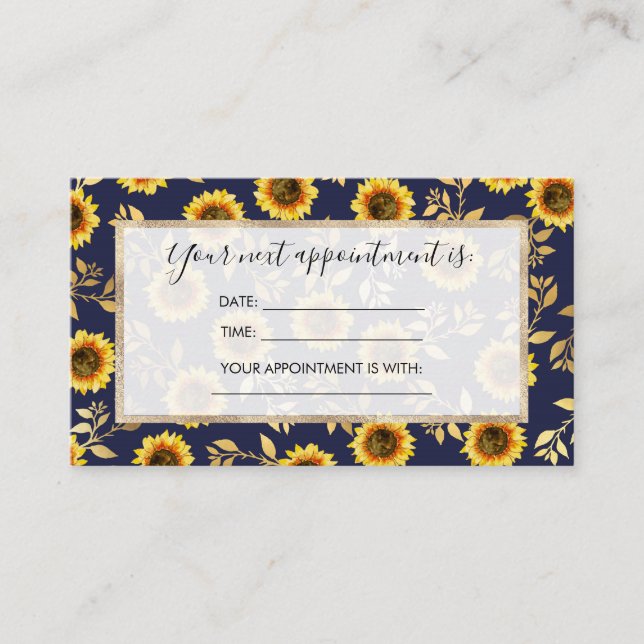 Tarjeta De Citas Sunny Yellow Gold Navy Sunflowers deja el patrón (Anverso)