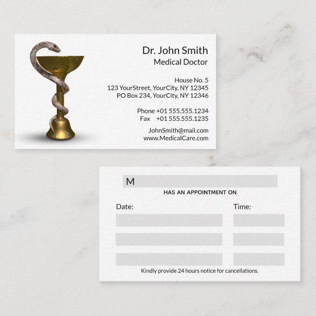 Tarjeta De Citas Tazón medico de bronce Snake Hygieia Caduceus blan (Anverso / Reverso)