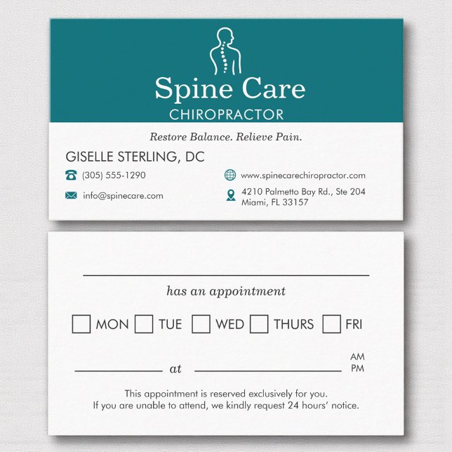 Tarjeta De Citas Teal Chiropractor Appointment Reminder Card (Subido por el creador)