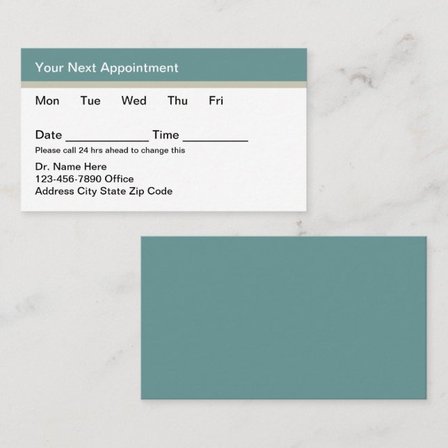 Tarjeta De Citas Teal Simple Budget Medical Appointment Cards (Anverso / Reverso)