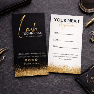 Tarjeta De Citas Técnica de Pestañas Glamurosa Negra y Dorada