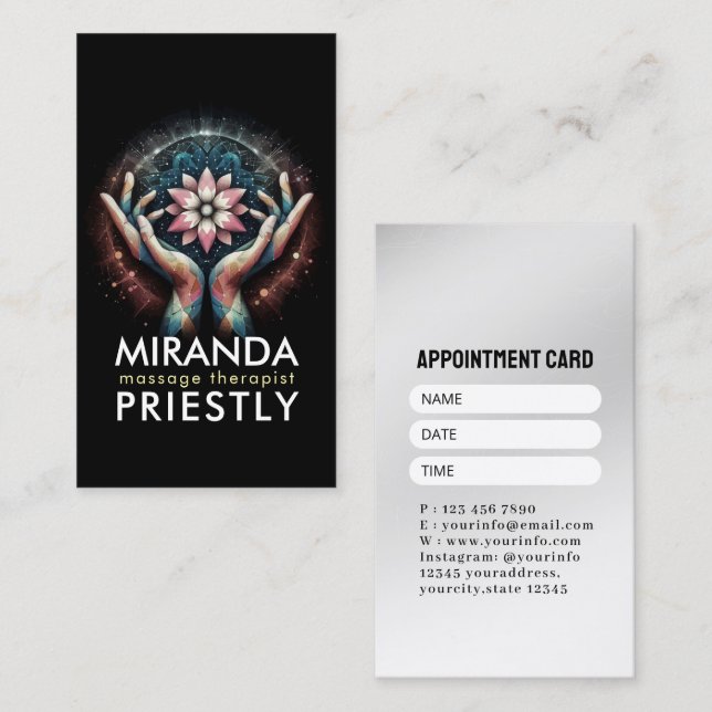 Tarjeta De Citas Terapia Masajista Manos Curadoras Energía Spa Well (Anverso / Reverso)