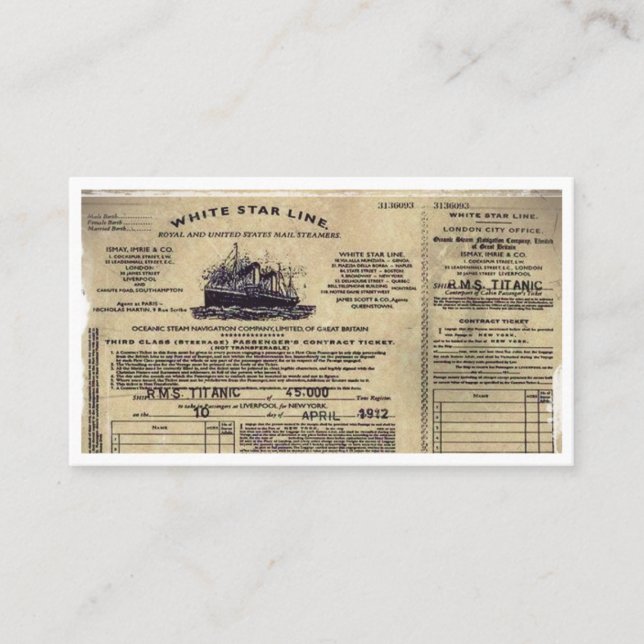 Tarjeta De Citas Ticket RMS Titanic 1912 (Anverso)