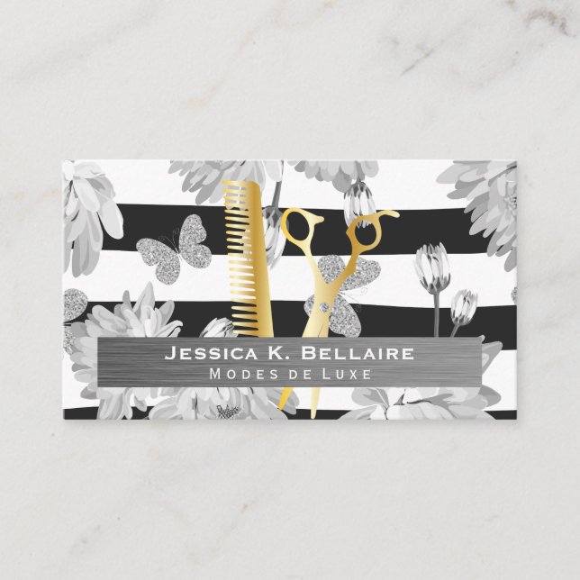 Tarjeta De Citas Tijeras | Pincel Metalizado | Flores Mariposas (Anverso)