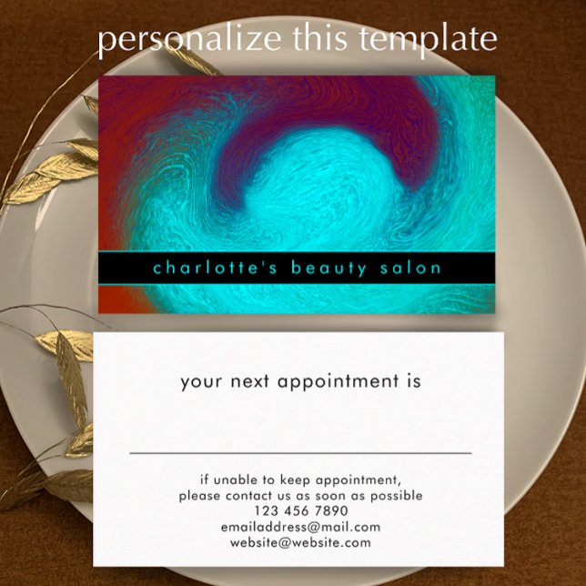 Tarjeta De Citas Turquoise Unique Modern Cool Hair Nail Salon (Customize this unique aqua swirl beauty salon appointment card template.)