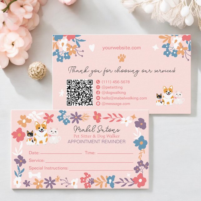 Tarjeta De Citas Un mascota floral caprichoso y caprichoso negocio  (Whimsical floral pet sitter dog walker business appointment card)