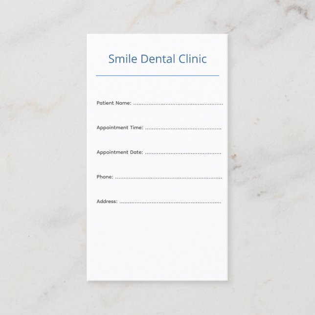 Tarjeta De Citas Vertical Dental Appointment Card Clean Design (Anverso)