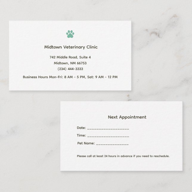 Tarjeta De Citas Veterinary Clinic Appointment Reminder Card (Anverso / Reverso)