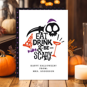 Tarjeta de clase de Halloween para comer, beber y