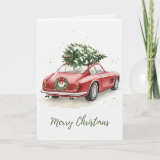 Tarjeta de Coche Clásico Rojo Vintage con Árbol de