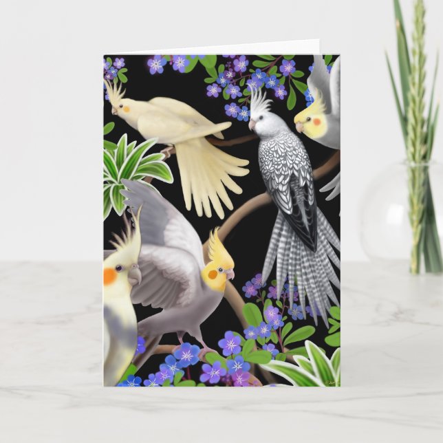 Tarjeta de Cockatiels y Flores (Anverso)