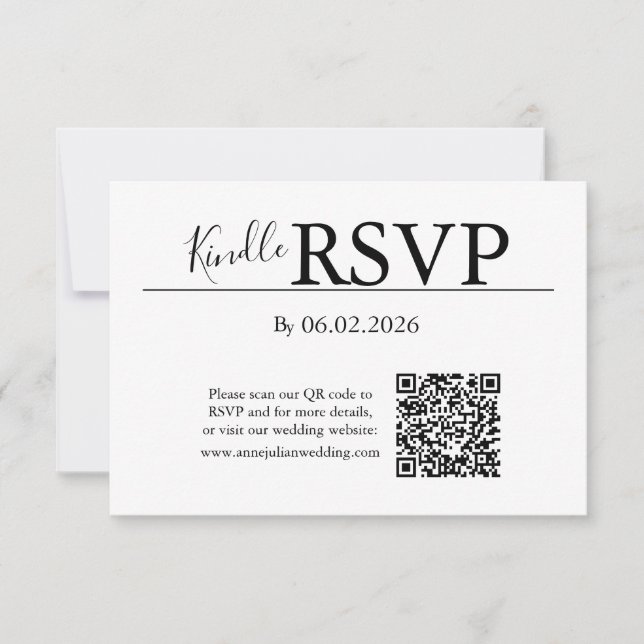 Tarjeta de código QR de RSVP blanca para boda mode (Anverso)