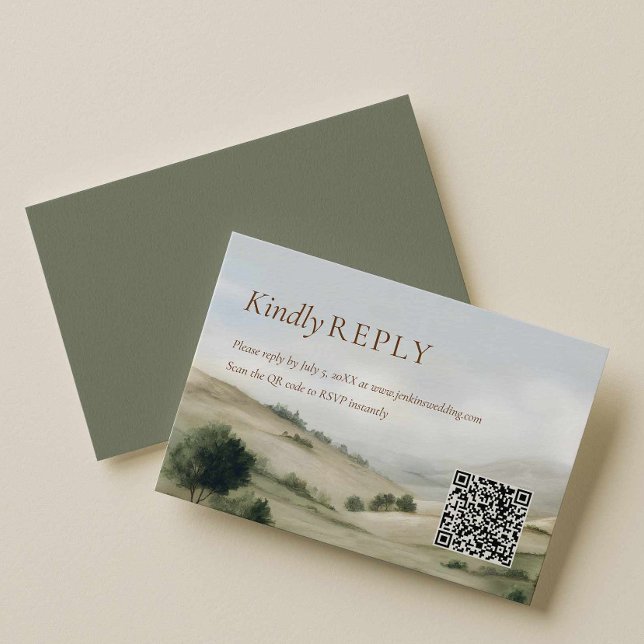 Tarjeta de código QR de RSVP de boda al aire libre (Old Money Country Western Rsvp with QR Code Card)