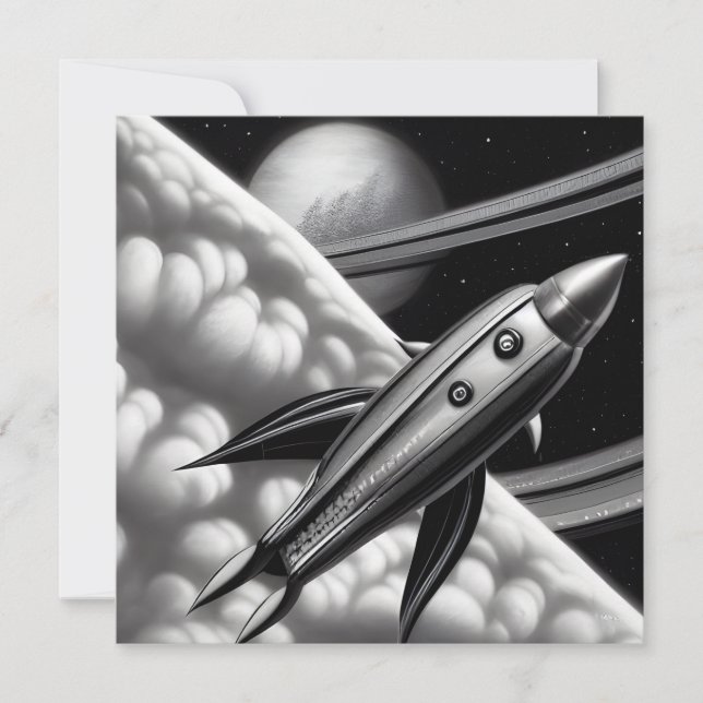 Tarjeta de cohete espacial retro surrealista (Anverso)