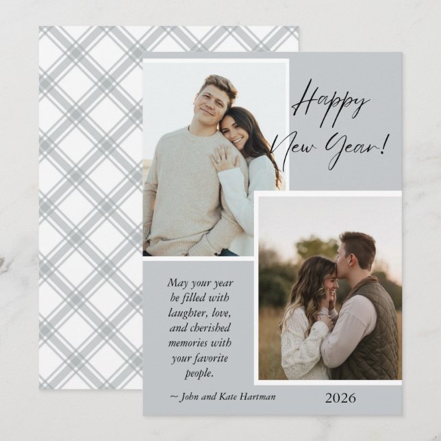 Tarjeta de colaje de fotos de año nuevo simple gri (Anverso / Reverso)
