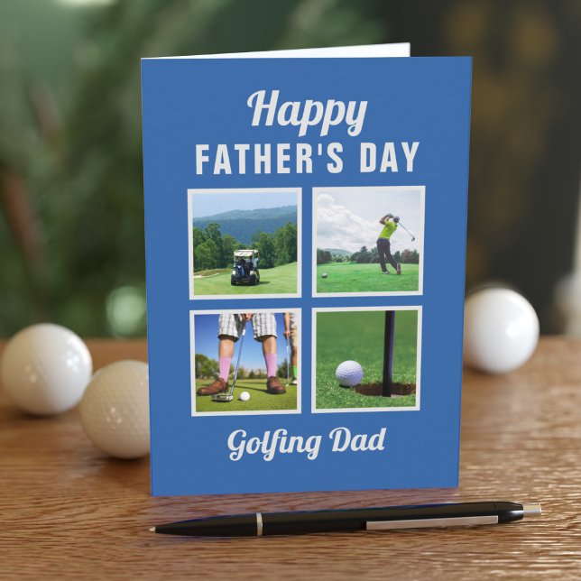 Tarjeta de collage de fotos de Golf 4 para el Día  (Upload 4 fave photos for your Golfing Dad's Father's Day Card and add a sweet message inside)