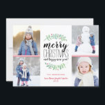 Tarjeta de Collage de fotos Merry Garland Holiday<br><div class="desc">Elegante y festiva tarjeta de vacaciones que presenta tipografía apilada que dice: "Feliz Navidad y feliz año nuevo". Personaliza con tus propias fotos y texto. Con nuestros exclusivos laureles acuarelas pintados a mano con bayas rojas. Viene con un diseño geo rojo de moda en la parte posterior para un toque...</div>