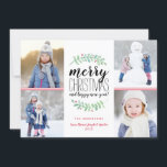 Tarjeta de Collage de fotos Merry Garland Holiday<br><div class="desc">Elegante y festiva tarjeta de vacaciones que presenta tipografía apilada que dice: "Feliz Navidad y feliz año nuevo". Personaliza con tus propias fotos y texto. Con nuestros exclusivos laureles acuarelas pintados a mano con bayas rojas. Viene con un diseño geo rojo de moda en la parte posterior para un toque...</div>