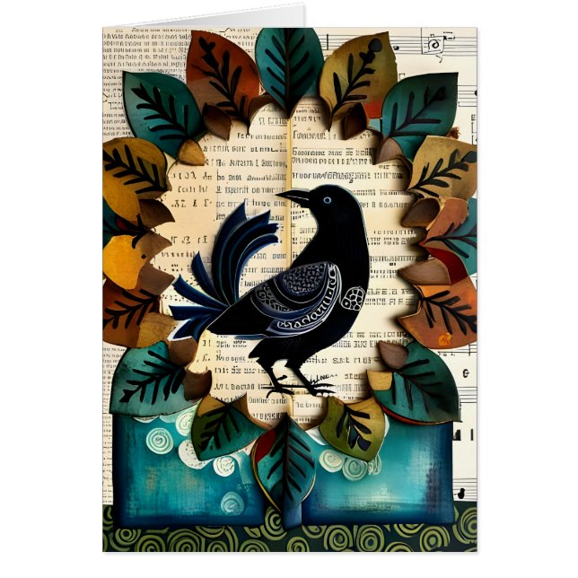 Tarjeta de collage de pájaro negro con interior en (Frente)