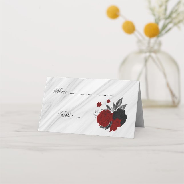 tarjeta de colocación de mármol floral negro y roj (Anverso)